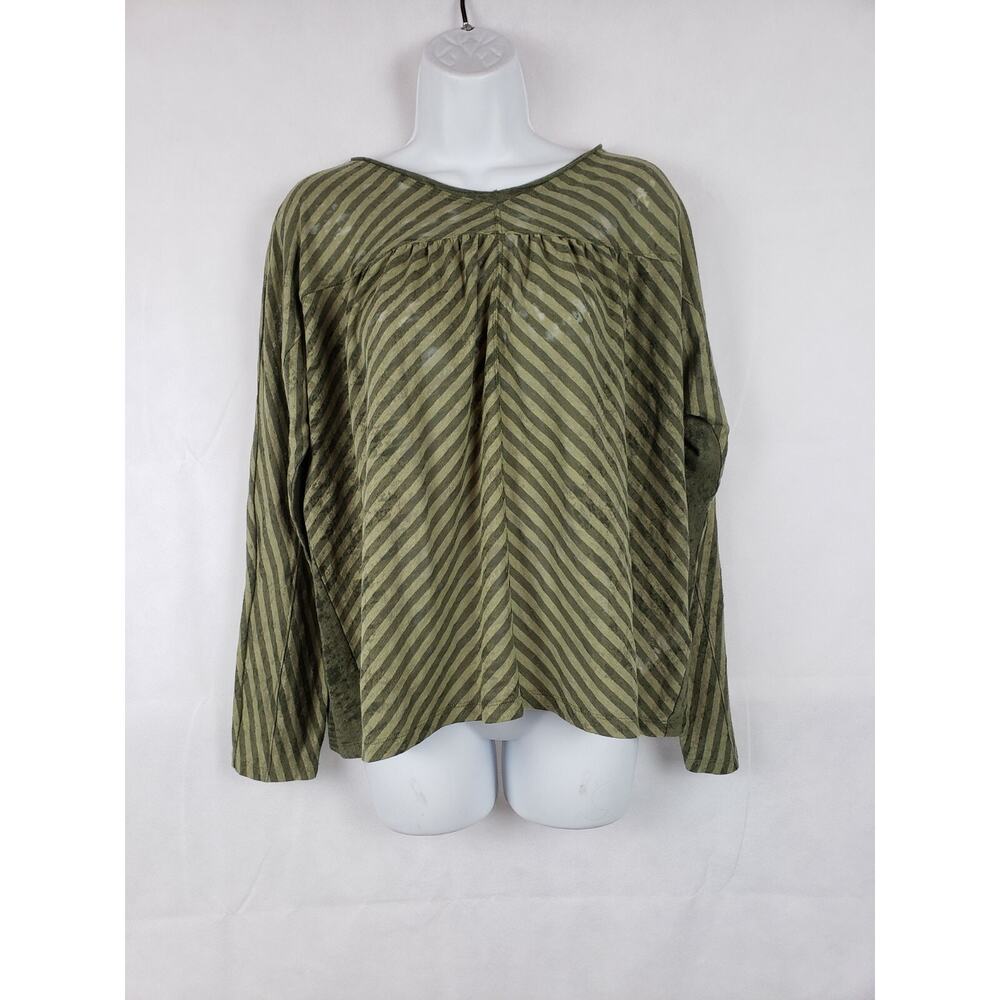 Anthropologie Green Striped Tunic Sheer‎ Soft Knit Lagenlook Blouse S